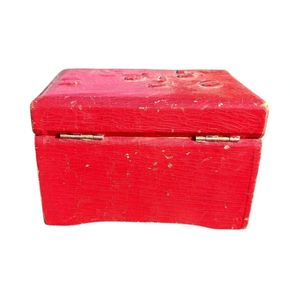 Vintage Lucky Day Swiss Music Box Red Cherub Relief Easter Parade Wood Jewelry